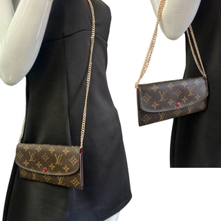 LOUIS VUITTON Monogram/Red Emilie Wallet with Added Gold Crossbody Chain Louis Vuitton