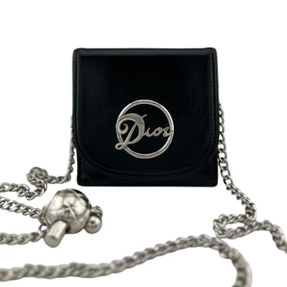 DIOR Black Leather Compact Wallet with Added Adjustable Chain Dior