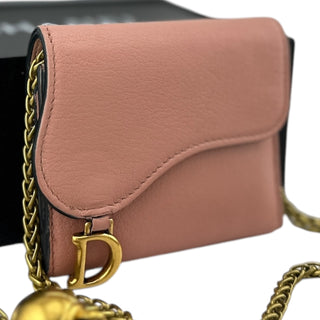 DIOR Pink Leather Compact Saddle Wallet with Added Adjustable Chain Dior