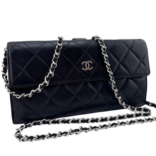 CHANEL Black Lambskin Leather Long Flap Wallet Chanel