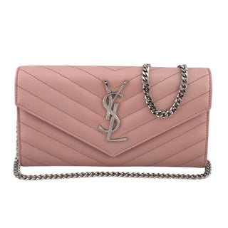 SAINT LAURENT Pink Grain de Poudre Chevron YSL Cassandra Clutch on Chain Saint Laurent