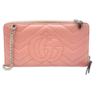 GUCCI Pink Leather Marmont Zip Wallet with Crossbody Chain Gucci