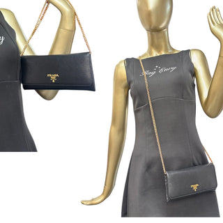 PRADA Black Vitello Move Leather Wallet/Card Holder with Added Chain Prada