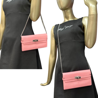 HERMES Pink Clemence Leather Kelly Wallet with Added Insert/Chain Hermes