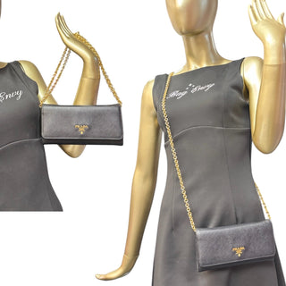 PRADA Black Saffiano Leather Wallet with Chain Prada