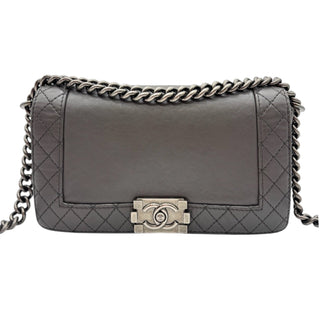 CHANEL Grey Leather Medium Reverso Boy Bag Chanel