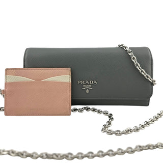 PRADA Grey Saffiano Leather Wallet & Card Holder with Unbranded Chain Prada