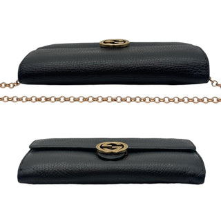 GUCCI Black Leather Interlocking GG Logo Wallet with Chain Gucci