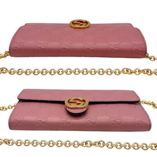 GUCCI Pink Leather Guccissima Interlocking GG Logo Wallet with Chain Gucci
