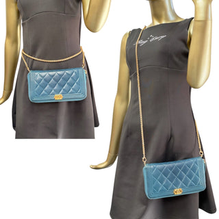 CHANEL Indigo Calfskin Quilted Stitch Boy Zip Wallet Chanel