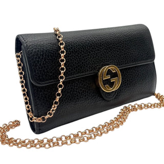 GUCCI Black Leather Interlocking GG Logo Wallet with Chain Gucci