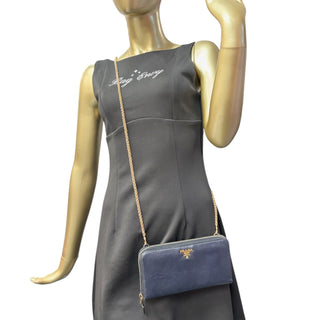 PRADA Black Leather Zip Wallet with Gold Crossbody Chain Prada