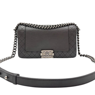 CHANEL Grey Leather Medium Reverso Boy Bag Chanel