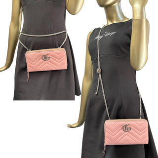 GUCCI Pink Leather Marmont Zip Wallet with Crossbody Chain Gucci