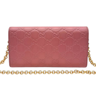 GUCCI Pink Leather Guccissima Interlocking GG Logo Wallet with Chain Gucci
