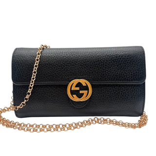 GUCCI Black Leather Interlocking GG Logo Wallet with Chain Gucci