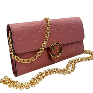 GUCCI Pink Leather Guccissima Interlocking GG Logo Wallet with Chain Gucci