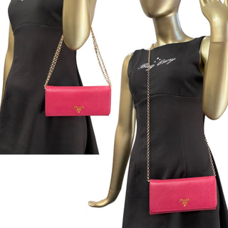 PRADA Pink Saffiano Leather Wallet with Chain Prada