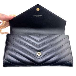 SAINT LAURENT Black Grain de Poudre Chevron Cassandra YSL Clutch with Chain Saint Laurent