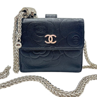 CHANEL Black Lambskin CamelliaCompact Wallet Chanel