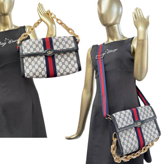 GUCCI Medium Navy Coated Canvas Ophidia Clutch with added Straps Gucci