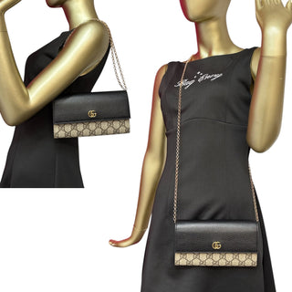 GUCCI Black Leather and Coated Canvas GG Supreme Marmont Wallet with Chain Gucci