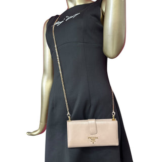 PRADA Beige Continental Saffiano Leather Wallet with Chain Prada