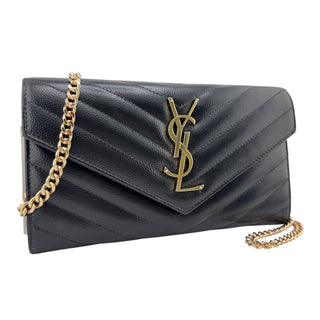 SAINT LAURENT Black Grain de Poudre Chevron Cassandra YSL Clutch with Chain Saint Laurent