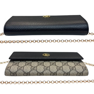 GUCCI Black Leather and Coated Canvas GG Supreme Marmont Wallet with Chain Gucci