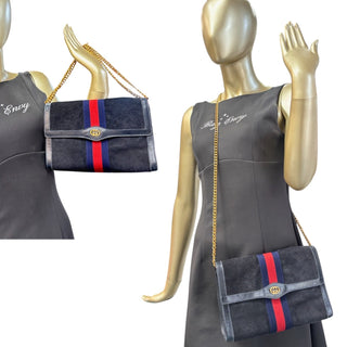 GUCCI Medium Navy Suede Ophidia Clutch with Strap & Chain Gucci