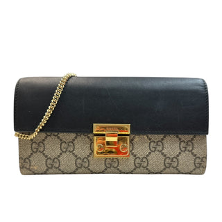 GUCCI Black Leather and Coated Canvas GG Supreme Padlock Wallet on Chain Gucci