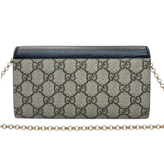 GUCCI Black Leather and Coated Canvas GG Supreme Marmont Wallet with Chain Gucci