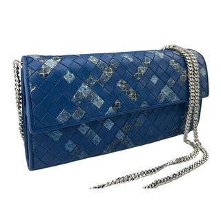 BOTTEGA VENETA Blue Leather Intrecciato Wallet with added Chain Bottega Veneta