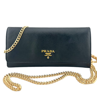 PRADA Black Saffiano Leather Wallet with Unbranded Chain Prada