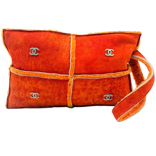 CHANEL Orange Shearling Suede Mouton Wristlet Bag Chanel