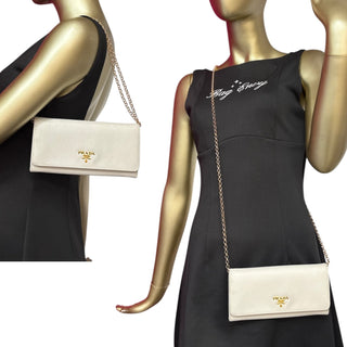 PRADA Ivory Saffiano Leather Wallet with Chain Prada