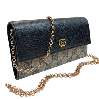 GUCCI Black Leather and Coated Canvas GG Supreme Marmont Wallet with Chain Gucci