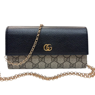 GUCCI Black Leather and Coated Canvas GG Supreme Marmont Wallet with Chain Gucci