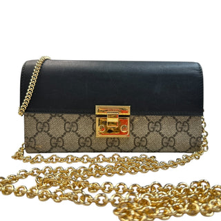 GUCCI Black Leather and Coated Canvas GG Supreme Padlock Wallet on Chain Gucci