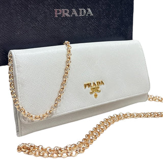 PRADA Ivory Saffiano Leather Wallet with Chain Prada