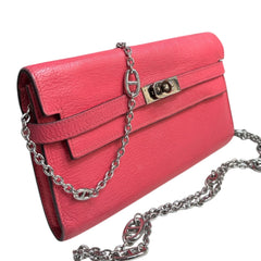 HERMES Pink Chevre Leather Kelly Wallet with added Chain