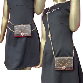 LOUIS VUITTON Monogram Flore Compact Wallet with Added Adjustable Chain Louis Vuitton