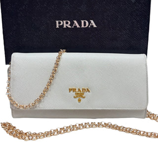 PRADA Ivory Saffiano Leather Wallet with Chain Prada
