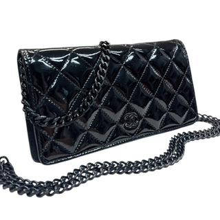 CHANEL Black Patent Leather Quilted Bifold Wallet Chanel
