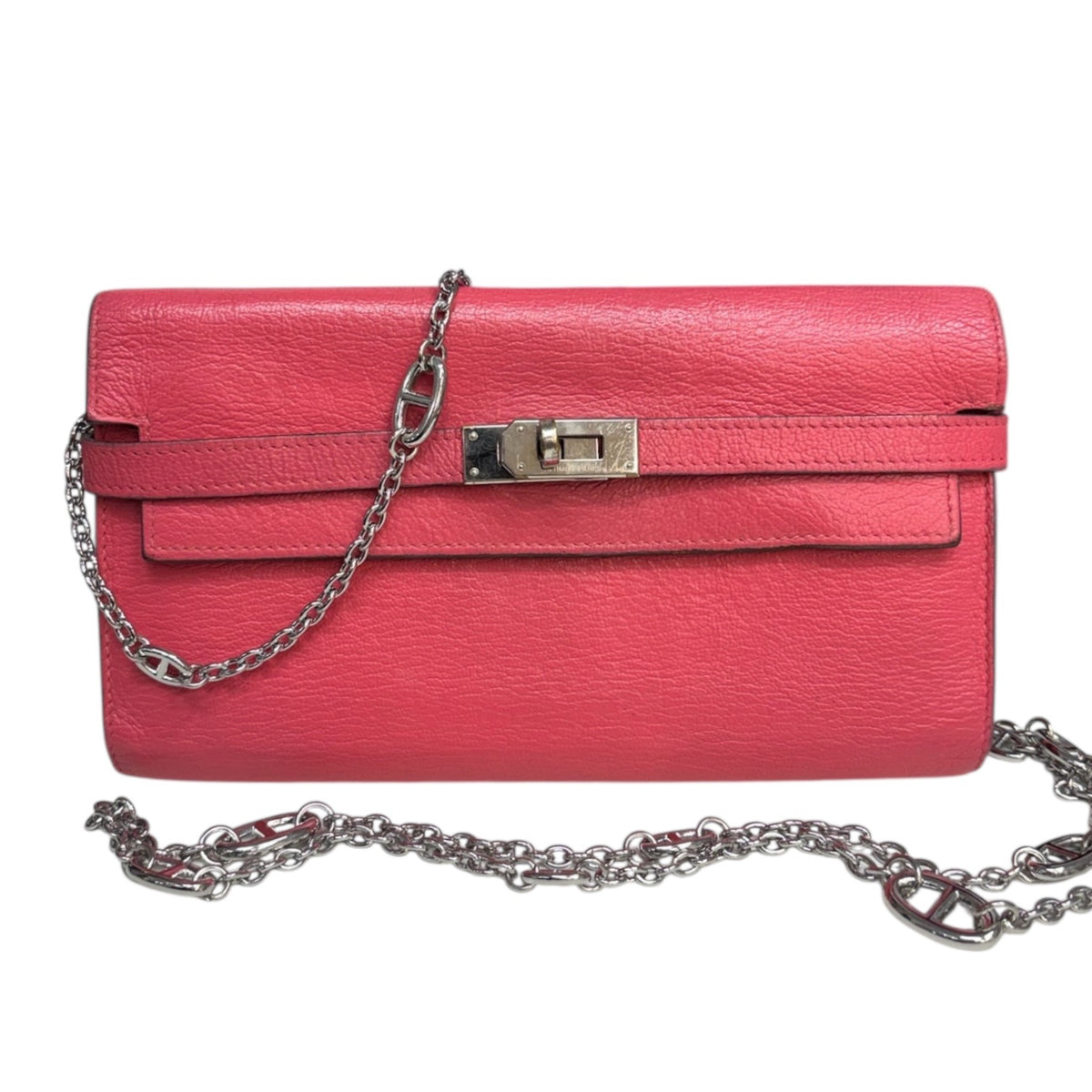 HERMES Pink Chevre Leather Kelly Wallet with added Chain