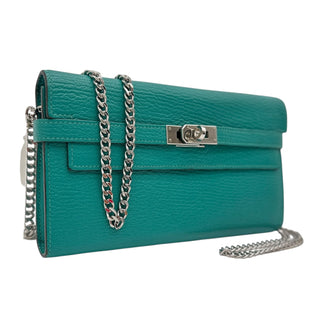 HERMES Teal Clemence Leather Kelly Wallet with Added Insert/Chain Hermes