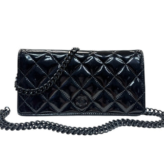 CHANEL Black Patent Leather Quilted Bifold Wallet Chanel
