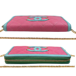 CHANEL Pink & Teal Caviar Leather Filigree Zip Wallet Chanel