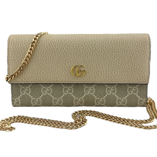 GUCCI Neutral Leather and Coated Canvas GG Marmont Wallet with Chain Gucci