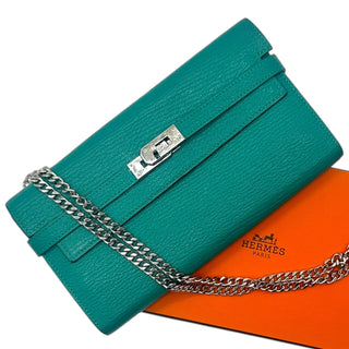 HERMES Teal Clemence Leather Kelly Wallet with Added Insert/Chain Hermes